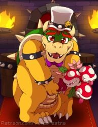 2023 anthro artist_name bouquet bow_tie bowser clothing elemental_creature fire flora_fauna gay genitals hat headgear headwear holding_own_penis koopa looking_at_viewer male mario_(series) nintendo open_mouth penis piranha_plant plant red_eyes scalie solo standing super_mario_bros. super_mario_bros._(2023_film) tail top_hat vorechestra yellow_body