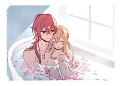 1boy 1girls bath bathing bathing_together blonde_hair diluc_(genshin_impact) female flower_petals genshin_impact in_water jean_gunnhildr male mixed_bathing nude red_hair romantic romantic_ambiance rome_romedo straight sunlight water wholesome wholesome_sex