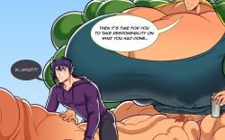 alex_(stardew_valley) bara hyper hyper_cock hyper_penis khanthedestroyer male_only muscle muscles muscular muscular_male pecs sebastian_(stardew_valley) sitting_on_penis size_difference tight_clothing