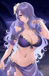 1girls bare_shoulders bikini breasts camilla_(fire_emblem) camilla_(summer)_(fire_emblem) cleavage cowboy_shot female female_only fire_emblem fire_emblem_fates fire_emblem_heroes flower hair_flower hair_ornament hair_over_one_eye hand_up haru_(nakajou-28) highres large_breasts long_hair looking_at_viewer navel nintendo official_alternate_costume purple_bikini purple_eyes purple_hair purple_swimsuit sarong see-through smile solo standing stomach swimsuit very_long_hair white_flower