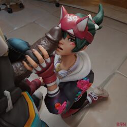 1boy1girl 3d b9n baptiste black_penis blacked blizzard_entertainment blowjob cock_on_face cock_shock dark-skinned_male dark_skin dick grabbing_balls huge_cock huge_penis interracial kiriko_(overwatch) kiriko_kamori overwatch overwatch_2 penis_on_face submissive submissive_female tease teasing