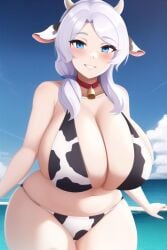 1girls ai_generated bell bell_collar big_breasts bikini blue_eyes bovine breasts cow_bikini cow_ears cow_horns cow_print cowbell eyes female female_only huge_breasts large_breasts light-skinned_female light_skin nai_diffusion rwby smile smiling stable_diffusion standing thick thick_thighs transformationwitch voluptuous voluptuous_female white_hair wide_hips willow_schnee