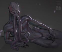 2023 biped claws digital_drawing_(artwork) digital_media_(artwork) face_tentacles finger_claws heart hi_res looking_at_viewer lying male male_only mind_flayer monster nanadagger nude on_side purple_body simple_background tentacle