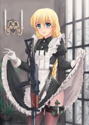 black_legwear everlasting_summer gun holding_dress looking_at_viewer maid slavya-chan slavya_(everlasting_summer) thigh_belt white_gloves