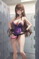 ai_generated armpits bare_legs bare_shoulders bare_thighs before_sex brown_hair collarbone dildo female female_only gloves hair_behind_ear hand_on_hip hands_on_hips imminent_pegging imminent_rape large_breasts leotard locker_room long_hair longjohnsingleduct looking_at_viewer menacing presenting_strap-on purple_topwear shiny skin_tight skindentation small_dom smile smirk solo solo_female standing strap-on strap-on_over_clothes