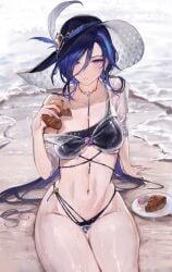 1girls blush clorinde_(genshin_impact) eating_food female_focus genshin_impact looking_at_viewer posing qiandaiyiyu smooth_skin solo_focus swimsuit wet_body