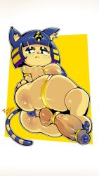 animal_crossing ankha ankha_(animal_crossing) anthro anus areola ass balls big_breasts big_penis black_eyes blue_areola blue_hair blue_nipples breasts domestic_cat felid feline felis foreskin frown ftg_crossgender fti_crossgender futanari genitals gynomorph hair hi_res intersex looking_at_viewer lying mammal nintendo nipples nude on_side partially_retracted_foreskin penis ring_(jewelry) solo thick_thighs toonguy100