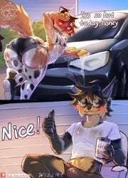 animal_print anthro ass big_butt bikini car clothed clothing cow_print crossdressing duo fur gay hi_res legwear male male_only mammal multicolored_body multicolored_fur swimwear thigh_highs two_tone_body two_tone_fur vehicle wet wet_body wet_fur wizzikt