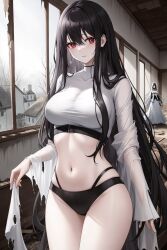 abandoned_building ai_generated black_hair black_panties crop_top evelyn_ghostie_(oc) ghost_girl haunted_house original original_character pale_skin red_eyes unstable_diffusion