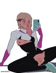 1girls blonde_hair blue_eyes blush bodysuit cleavage duck_face dyed_hair eyebrow_piercing gwen_stacy holding_phone marvel phone pussy_cutout ripped_clothing selfie shaved_side shiny_skin short_hair small_breasts solo spider-gwen spider-man:_across_the_spider-verse spider-man:_into_the_spider-verse spider-man_(series) spread_legs taking_picture teasing theredhoodbunny undercut