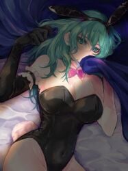 1girls alternate_costume animal_ears bare_thighs black_gloves black_leotard bow bowtie breasts bunny_ears bunny_girl bunny_tail bunnysuit byleth_(female)_(fire_emblem) byleth_(fire_emblem) byleth_(fire_emblem)_(female) cleavage commentary_request covered_navel detached_collar elbow_gloves enlightened_byleth_(female) fake_animal_ears fake_tail female female_only fire_emblem fire_emblem:_three_houses gloves green_eyes green_hair grey_hair hair_between_eyes highleg highleg_leotard highres large_breasts leotard long_hair looking_at_viewer lying mokichi_xx nintendo pink_bow pink_bowtie playboy_bunny rabbit_ears rabbit_tail single_elbow_glove solo tail thighs