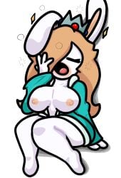 1girls anthro big_breasts blonde_hair breasts breasts_out closed_eyes clothing crown female female_only furry hair_over_one_eye hi_res lagomorph leporid lewdewott long_hair mario_(series) mario_+_rabbids mario_+_rabbids:_sparks_of_hope nintendo nipples open_clothes open_mouth rabbid rabbid_rosalina rabbit raving_rabbids simple_background sitting solo thick_thighs white_background white_body white_fur wide_hips yawn