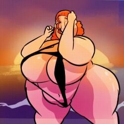 4chan animated bbw beach big_breasts chubby chubby_female close-up creature_from_the_lake exposed_breasts fat_ass gif huge_ass huge_breasts ocean red_hair request sand shamenando shelby_(creature_from_the_lake) sling_bikini water