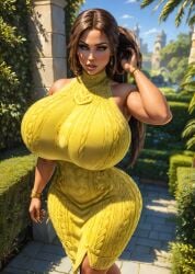 ai_generated big_breasts big_hips bimbo bimbofication brunette busty dress garden hourglass_figure huge_breasts hyper_breasts jamesdeanbooba lara_croft lara_croft_(ai_generated) long_hair narrow_waist outside pawg solo_female stable_diffusion thick_thighs tight_dress tomb_raider wide wide_hips yellow_dress