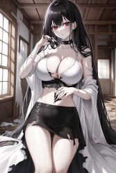 ai_generated bikini black_hair evelyn_ghostie_(oc) ghost_girl haunted_house long_hair original original_character pale_skin red_eyes thighs unstable_diffusion