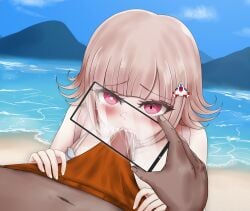 1boy backpack bag beach blush breasts brown_hair bulge closed_mouth collarbone cum cum_in_mouth danganronpa danganronpa_2:_goodbye_despair day fellatio female flipped_hair galaga gon_(congchuabuoito) hair_ornament heart heart-shaped_pupils highres holding holding_phone large_breasts looking_at_viewer male_swimwear medium_hair nanami_chiaki navel oral orange_male_swimwear outdoors phone pink_eyes straight_hair symbol-shaped_pupils upper_body water