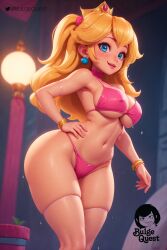 ai_generated bikini blonde_hair blue_eyes boobs bulge_quest choker cleavage crown earrings huge_breasts mario_(series) nintendo pink_bikini princess_peach stockings sweat sweatdrop sweating sweaty thighs thong thong_bikini underboob