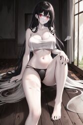 ai_generated black_hair black_panties crop_top evelyn_ghostie_(oc) ghost_girl haunted_house long_hair original original_character pale_skin red_eyes torn_clothes unstable_diffusion