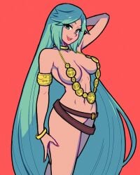 1girls akairiot belt breasts convenient_censoring covered_nipples female green_hair kid_icarus long_hair looking_at_viewer mostly_nude necklace nintendo palutena smile smiling smiling_at_viewer solo tagme