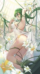 1girls blush game_cg green_hair isekai_slow_life looking_at_viewer melody_(isekai_slow_life) nectar plant_girl see-through_clothing tongue_out treant vines yellow_eyes