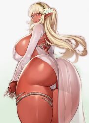 ass blonde_hair breasts cameltoe dark-skinned_female dark_elf dark_skin dress earrings gurimjang hi_res huge_ass huge_breasts long_hair looking_back original pointy_ears red_eyes thick_thighs white_background wide_hips