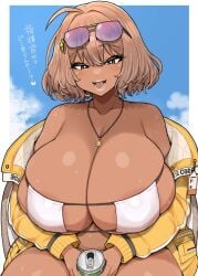 anis_(nikke) anis_(sparkling_summer)_(nikke) areolae bikini breasts cleavage eyepatch_bikini full_cleavage goddess_of_victory:_nikke gyaru huge_breasts jacket necklace otogi_tetsurou outside plump sitting sunglasses sunglasses_on_head tan tan_body tan_skin