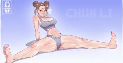 1girls bedroom_eyes breasts capcom chun-li chun-li_(fortnite) cleavage feet fortnite full_body iisfernado looking_at_viewer nipple_bulge out_of_breath sitting solo sports_bra sportswear spread_legs street_fighter street_fighter_6 sweat sweating