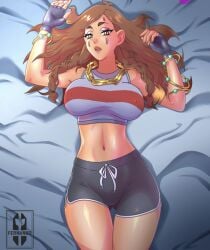 1girls aura_(fortnite) bed belly_button brown_eyes clothed crop_top facepaint female fortnite iisfernado jewelry large_breasts long_hair looking_at_viewer makeup red_hair seductive_look short_shorts simple_background solo tan_body thick_thighs thin_waist