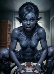 ai_generated alien alien_girl black_nails blue_body blue_hair blue_skin claws dark_lips gray_eyes grey_eyes nsfw nude open_mouth partial_male pointy_ears pubic_hair scaled_body scaled_skin scales scaly_skin small_breasts tattoos