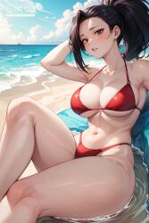 ai_generated black_hair hand_in_hair large_breasts momo_yaoyorozu my_hero_academia red_swimsuit setsuaiart sitting swimsuit tagme thighs