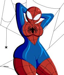 1girls 2020s 2023 2d 2d_(artwork) arms_behind_back arms_behind_head background_spider-people female female_only finnfazhog fully_clothed hourglass_figure human human_only marvel marvel_comics solo spider-girl spider-man_(series) spider-woman thick_thighs thighs webs white_background