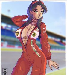 ferrari formula_1 fortnite goggles goggles_on_head hoop_earrings iisfernado jules_(fortnite) jumpsuit looking_at_viewer no_bra nose_ring open_clothes tagme tattoo tattoos