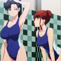 2girls arm_up armpits black_hair blue_eyes blue_one-piece_swimsuit blush breasts cleavage collarbone competition_swimsuit covered_navel double_bun groin hair_bun hi_res hiiragi_shunka large_breasts looking_at_another multiple_girls one-piece_swimsuit ponytail presenting_armpit screencap shuumatsu_no_harem sidelocks stitched swimsuit thighs third-party_edit toudou_akira_(shuumatsu_no_harem)