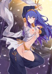 1girls alternate_costume bare_thighs blue_eyes blue_hair breasts breasts_out censored cosplay dancer dancing female female_only fire_emblem fire_emblem_awakening inner_thighs looking_at_viewer lucina_(fire_emblem) nintendo nipples olivia_(fire_emblem)_(cosplay) panties panties_aside pussy small_breasts solo thighhighs thighs tiara underwear white_panties yuuri_(orz_commushows)