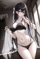 ai_generated black_hair black_underwear evelyn_ghostie_(oc) ghost ghost_girl long_hair original original_character pale_skin red_eyes underwear unstable_diffusion