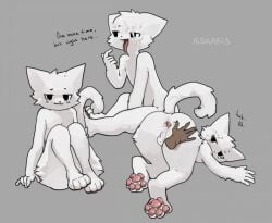 2d_(artwork) animal_ears anthro anus balls boykisser cum_in_ass cum_on_face cumshot dick english_text femboy furry male miskaris228 paws silly_cat_(mauzymice) tail tongue white_body white_fur