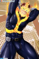 1boy 2022 arm_behind_head bara barazoku bulge clothing endeavor_(my_hero_academia) enji_todoroki gay grelx hi_res highres male male_focus male_only manly muscular_male my_hero_academia red_hair scar solo solo_male tight_clothing yaoi