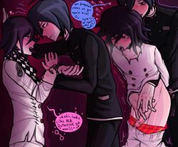 behind bigsyo black_clothing black_pants blue_hair blush boxers_(clothing) boxers_down boys buttoned_shirt buttons danganronpa danganronpa_v3 detective gay hand_cuff hand_cuffs homo male_only ouma_kokichi pants_around_knees pants_down pants_pulled_down pink_boxers pinned_to_wall purple_eyes purple_hair roleplay saihara_shuuichi searching tease teasing tied_hands touching white_legwear white_shirt white_skin yellow_eyes