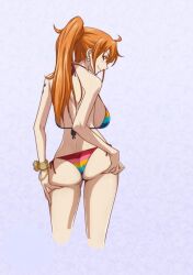 1girls ass bikini bikini_bottom bikini_top female female_only huge_breasts inviting kyabakurabakufu light-skinned_female light_skin long_hair nami nami_(one_piece) navel nipple_slip one_piece orange_hair post-timeskip smile smiling_at_viewer solo solo_female solo_focus teasing thin_waist thong