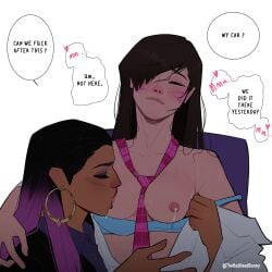 2girls blush bra_down breast_sucking brown_hair chocolate_and_vanilla closed_eyes crossover d.va dark_skin dialogue dripping earrings face_markings lactation light_skin long_hair makeup mature_female medium_breasts messy_hair milk necktie necktie_between_breasts overwatch overwatch_2 partially_clothed pink_nipples pleasure_face purple_hair reyna_(valorant) sweat theredhoodbunny valorant younger_female yuri