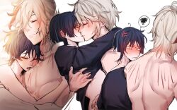 2boys black_hair black_hair_bottom blush domination embrace gay genshin_impact kaedehara_kazuha kissing light_hair_on_dark_hair no_visible_genitalia scaramouche_(genshin_impact) scratches waviwan white_hair white_hair_on_black_hair white_hair_top