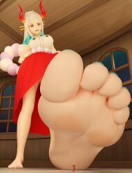 artist_request big_feet demon_horns feet female foot_fetish foot_focus giantess green_toenails horns larger_female larger_female_smaller_male macro macrophilia male meaty_soles monkey_d_luffy one_piece red_eyes smaller_male soles tagme toenail_polish toenails toes yamato_(one_piece)