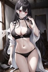 ai_generated black_hair black_underwear cum_between_breasts evelyn_ghostie_(oc) ghost ghost_girl haunted_house long_hair original original_character pale_skin red_eyes torn_clothes torn_underwear underwear unstable_diffusion