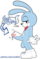 1boy 2023 absurd_res anthro balls blue_body blue_fur bodily_fluids clothing cum dialogue english_text feels_the_rabbit footwear fur genital_fluids genitals gloves handwear hi_res lagomorph leporid looking_at_viewer male mammal max_the_rabbit_(sonic) mostly_nude penis rabbit sega senshion shoes smile smiling_at_viewer solo sonic_(series) sonic_the_hedgehog_(series) standing text white_body white_fur