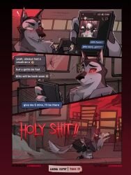 2023 3:4 anthro blood blush bodily_fluids breasts canid canid_demon clothing comic conditional_dnp demon detailed_background dialogue female fur genitals hellhound helluva_boss hi_res loona_(helluva_boss) loonanudes male mammal nipples nosebleed phone pussy text texting tongue tongue_out vortex_(helluva_boss)