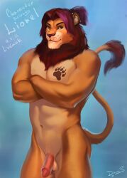 2023 anthro balls digital_media_(artwork) dimonis felid fur genitals hair hand_on_chest hi_res lion male mammal muscular muscular_anthro muscular_male nude nude_anthro nude_male pantherine penis simple_background smile solo tail tattoo watermark