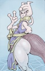 1boy anthro ass balls big_butt bottomwear bow_(feature) bulge clothing felid feline femboy generation_1_pokemon genital_outline genitals halo-pano hi_res legendary_pokemon loincloth looking_at_viewer male mammal martial_arts_style_mewtwo mewtwo nintendo penis penis_outline pokemon pokemon_(species) robe smile solo tail