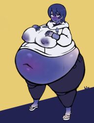 1girls ? belly_expansion belly_inflation big_belly big_breasts big_thighs blue_eyes blue_hair blue_skin blueberry_inflation blush breast_expansion cobaltreverie female female_focus female_only inflation jeans lactating lactating_juice lactation lactation_through_clothes light-skinned_female navel nervous nipple_bulge nipples nipples_visible_through_clothing sandals scared scared_expression short_hair skin_color_change skin_turning_blue tagme white_hoodie white_sweater