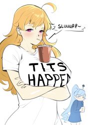 2girls artist_request big_breasts blonde_hair blush breast_envy breasts drinking envy female female_only fully_clothed huge_breasts large_breasts no_sex rwby weiss_schnee yang_xiao_long