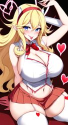 1girls ai_generated anything_diffusion big_breasts blonde_female blonde_hair blonde_hair blue_eyes boob_window button_down_shirt clothing dezgo_ai female female_only headband heart huge_breasts legs_spread skirt thick_thighs thigh_socks thighhighs tongue tongue_out wide_hips